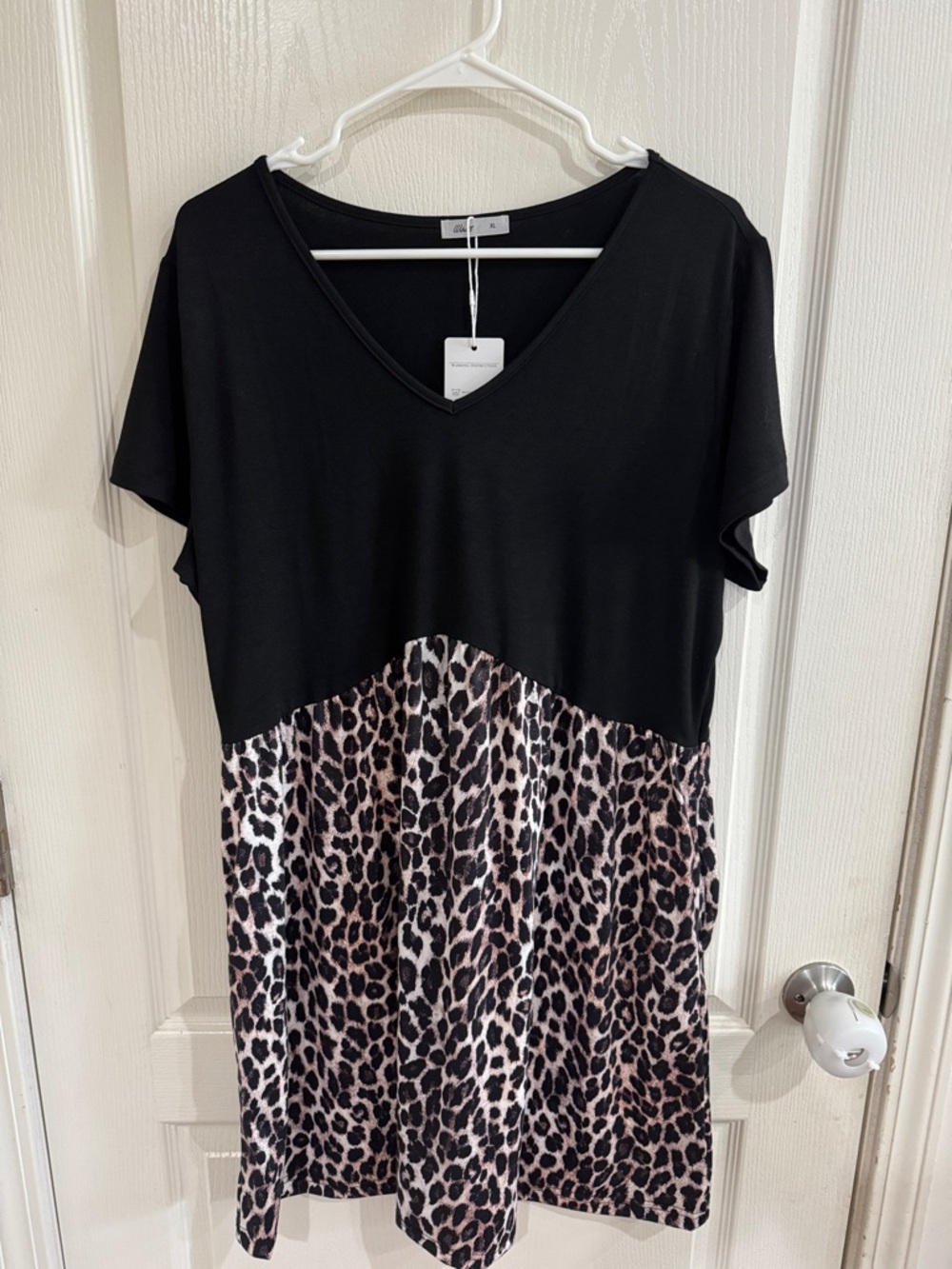 Black and Leopard Print V-Neck Mini Dress by